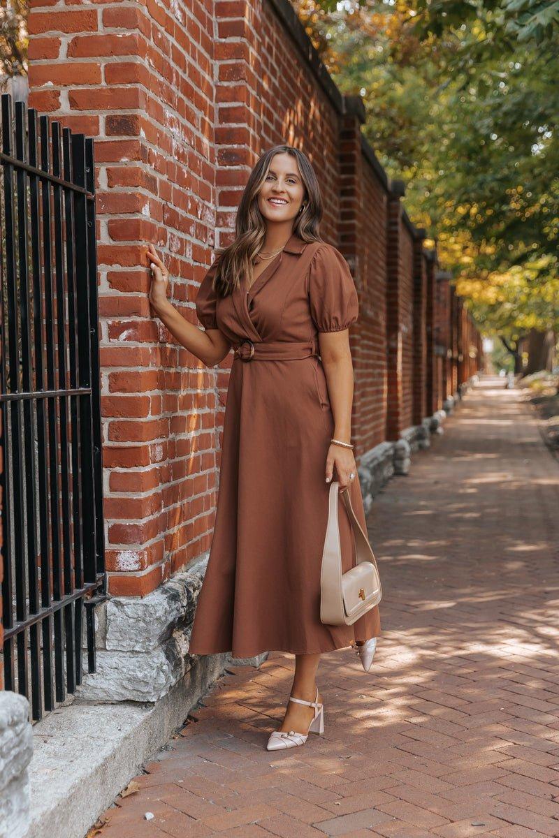 True Autumn Brown Belted Midi Dress - FINAL SALE Female Product Image