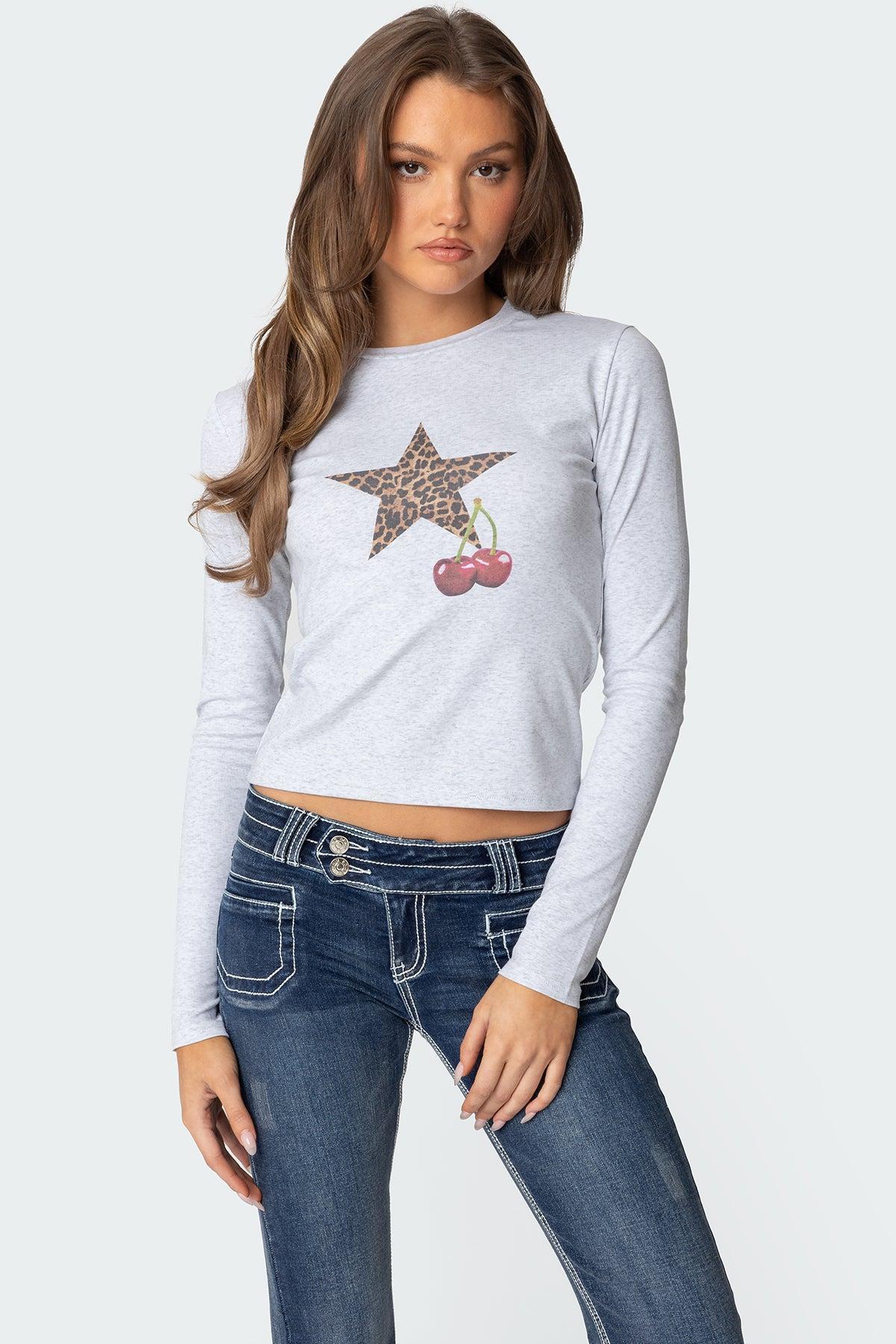 Cherry Leopard Star Long Sleeve T Shirt Product Image