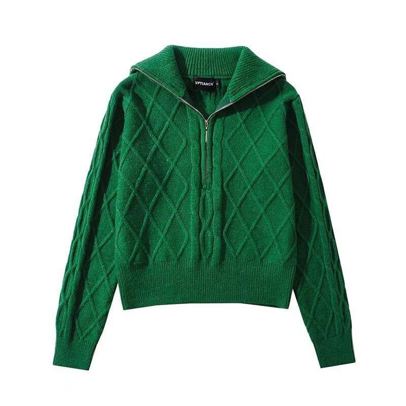 Long Sleeve Half-Zip Plain Cable-Knit Loose-Fit Sweater Product Image