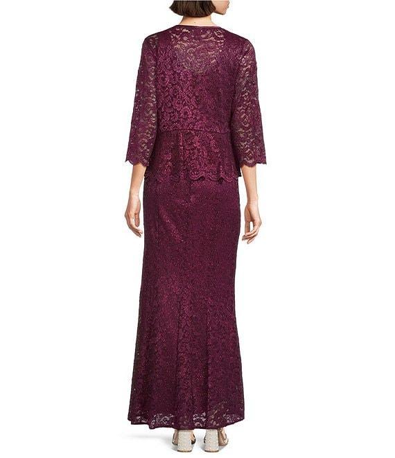 R & M Richards Petite Size Scallop Lace Charmeuse Metallic Mermaid Jacket Dress Product Image