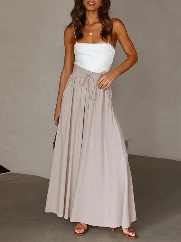 High Waisted Loose Drawstring Elasticity Pockets Solid Color Pants Trousers Product Image