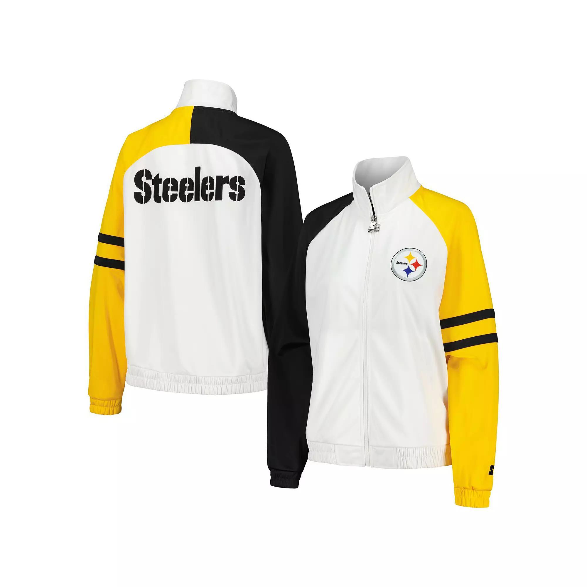 Women's Starter White Pittsburgh Steelers Curve Ball Raglan Full-Zip Track Jacket, Size: Large Product Image