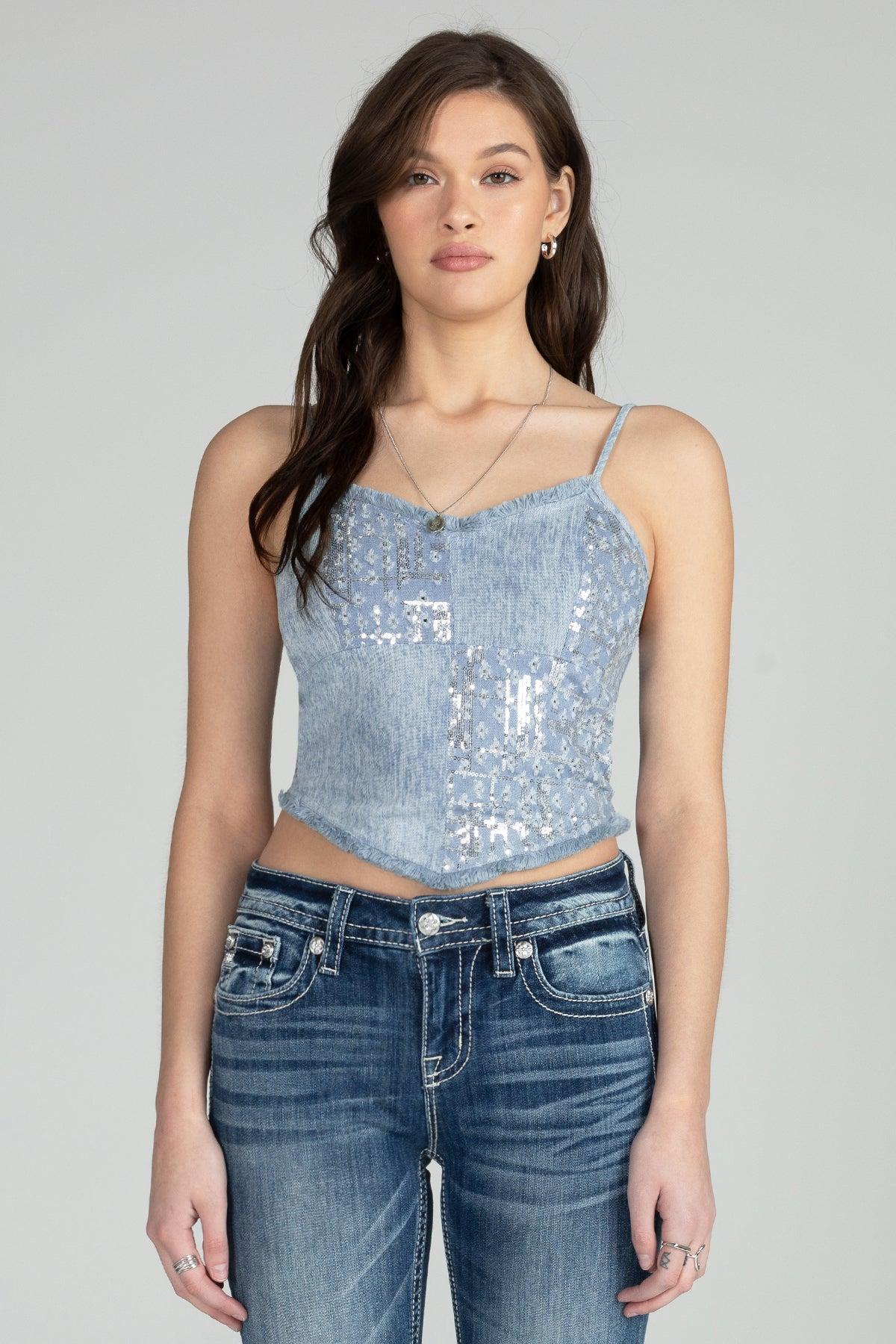 Handkerchief Denim Sequin Top Product Image