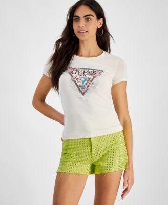 Guess Womens Embellished Logo Print Crewneck T-Shirt Product Image