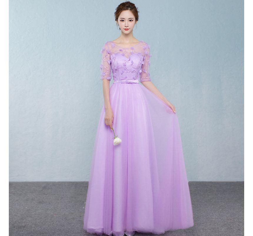 Elbow-Sleeve Mesh Panel Maxi A-Line Bridesmaid Dress Product Image