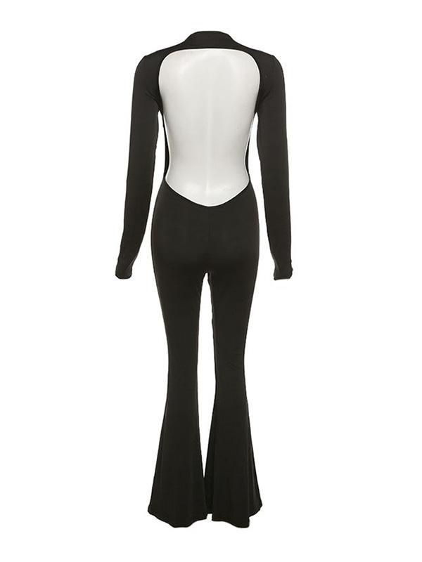 Backless Long Sleeve Flare Leg Jumpsuit Product Image