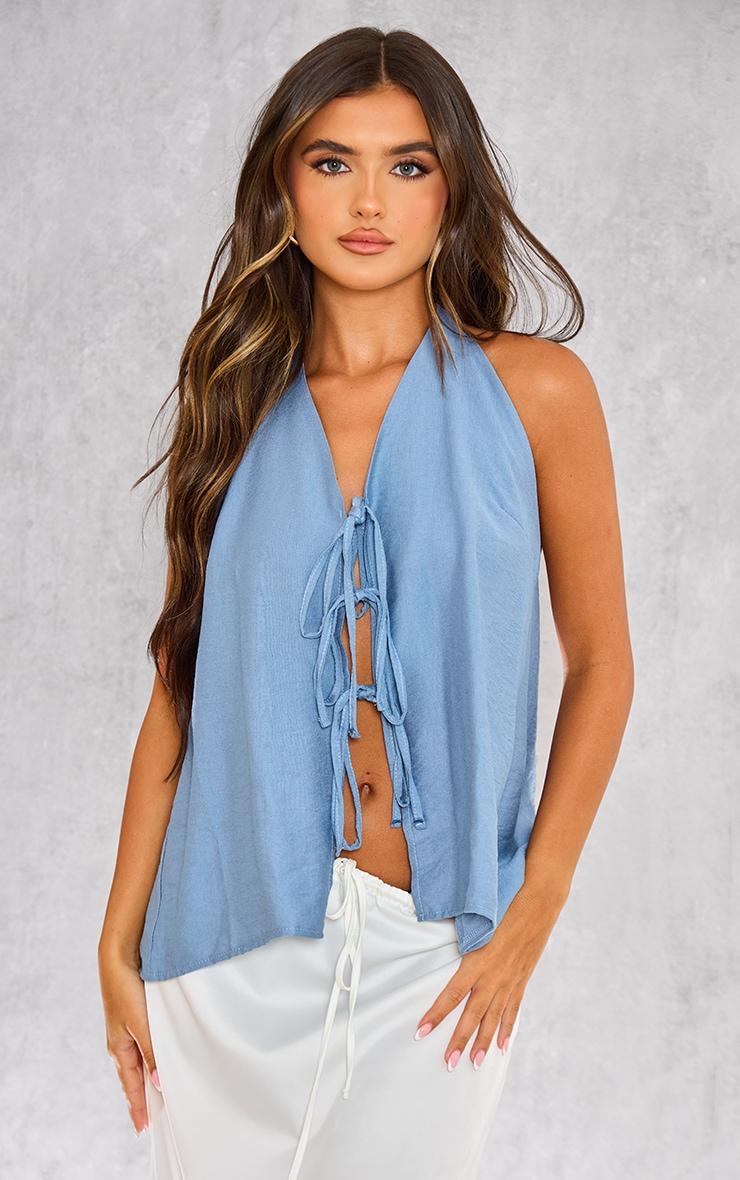 Blue Halterneck Tie Front Long Top Product Image