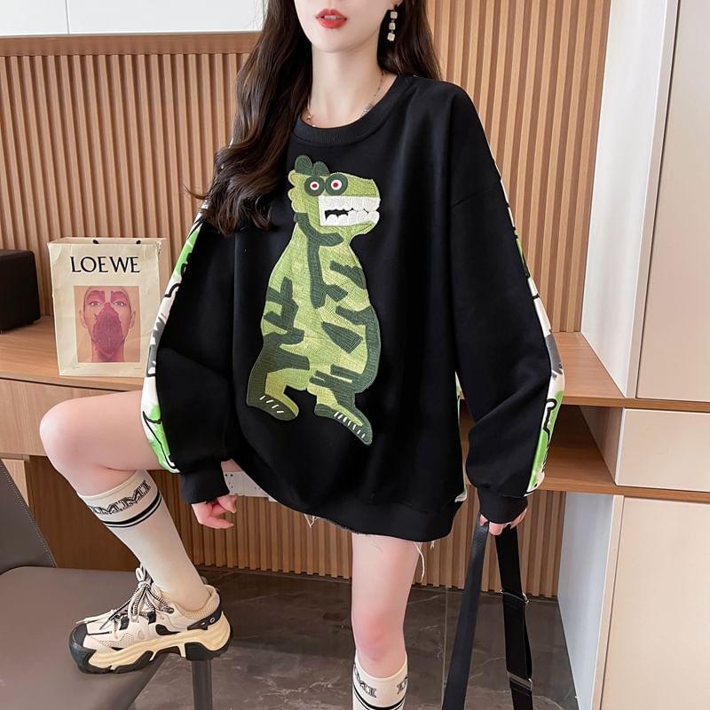 Crew Neck Dinosaur Print Oversized Pullover Product Image