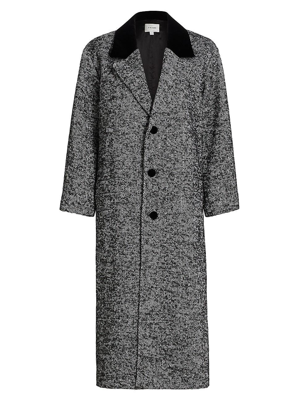 Womens Herringbone Velvet-Trim Long Coat Product Image