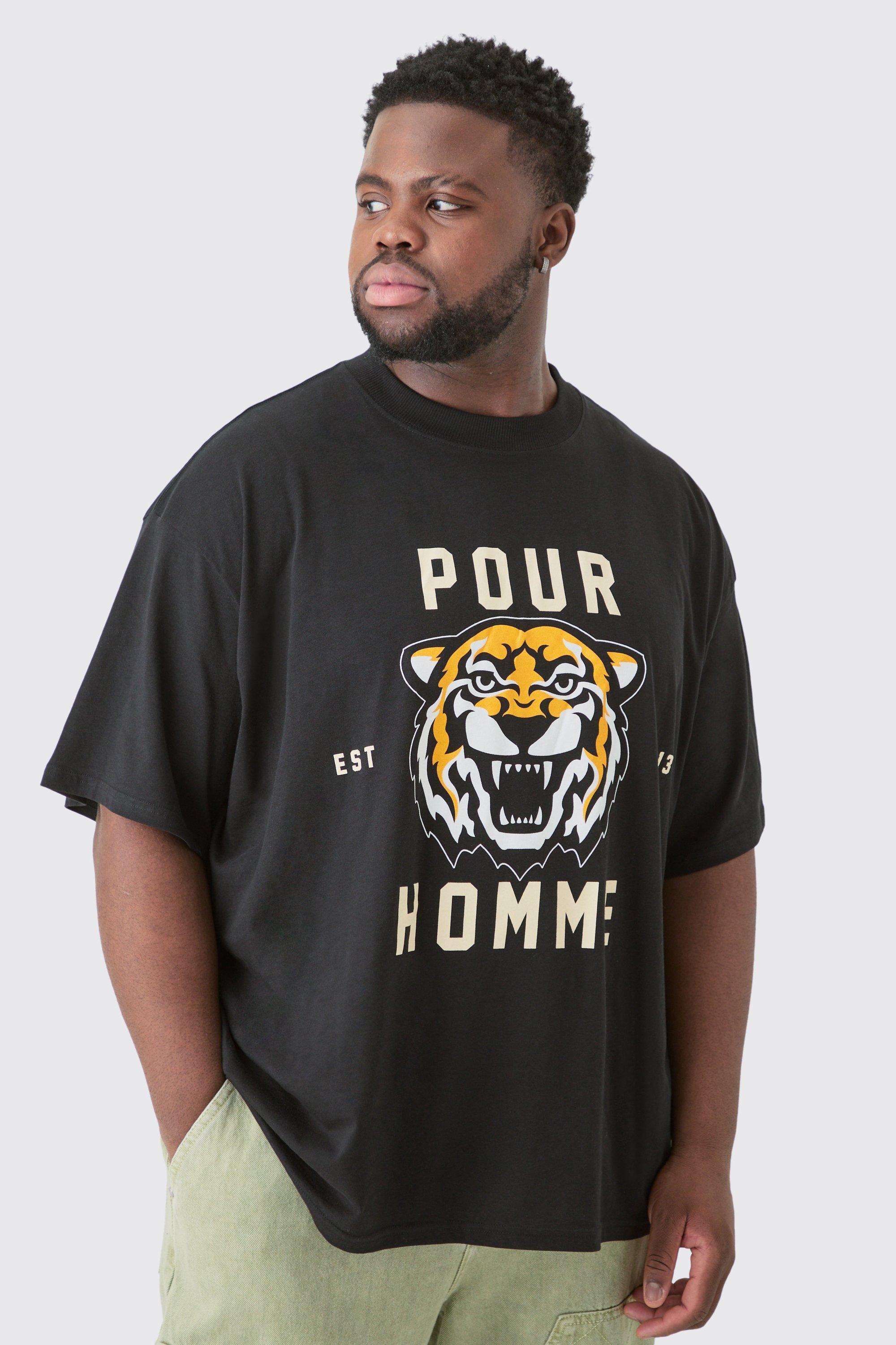 Mens Plus Pour Homme Tiger Graphic Oversized T-shirt - Black Product Image