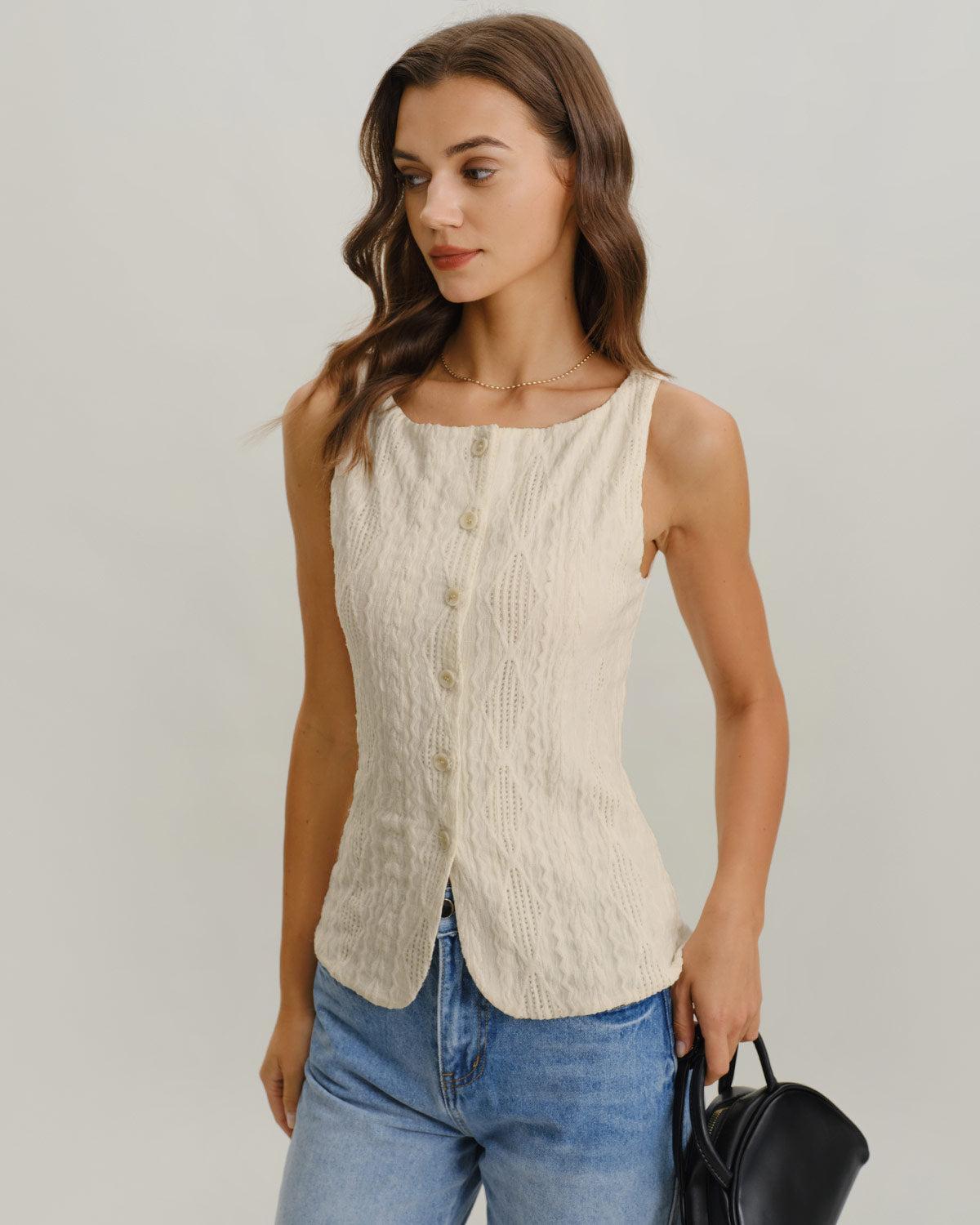 Beige Boat Neck Button Tank Top Product Image