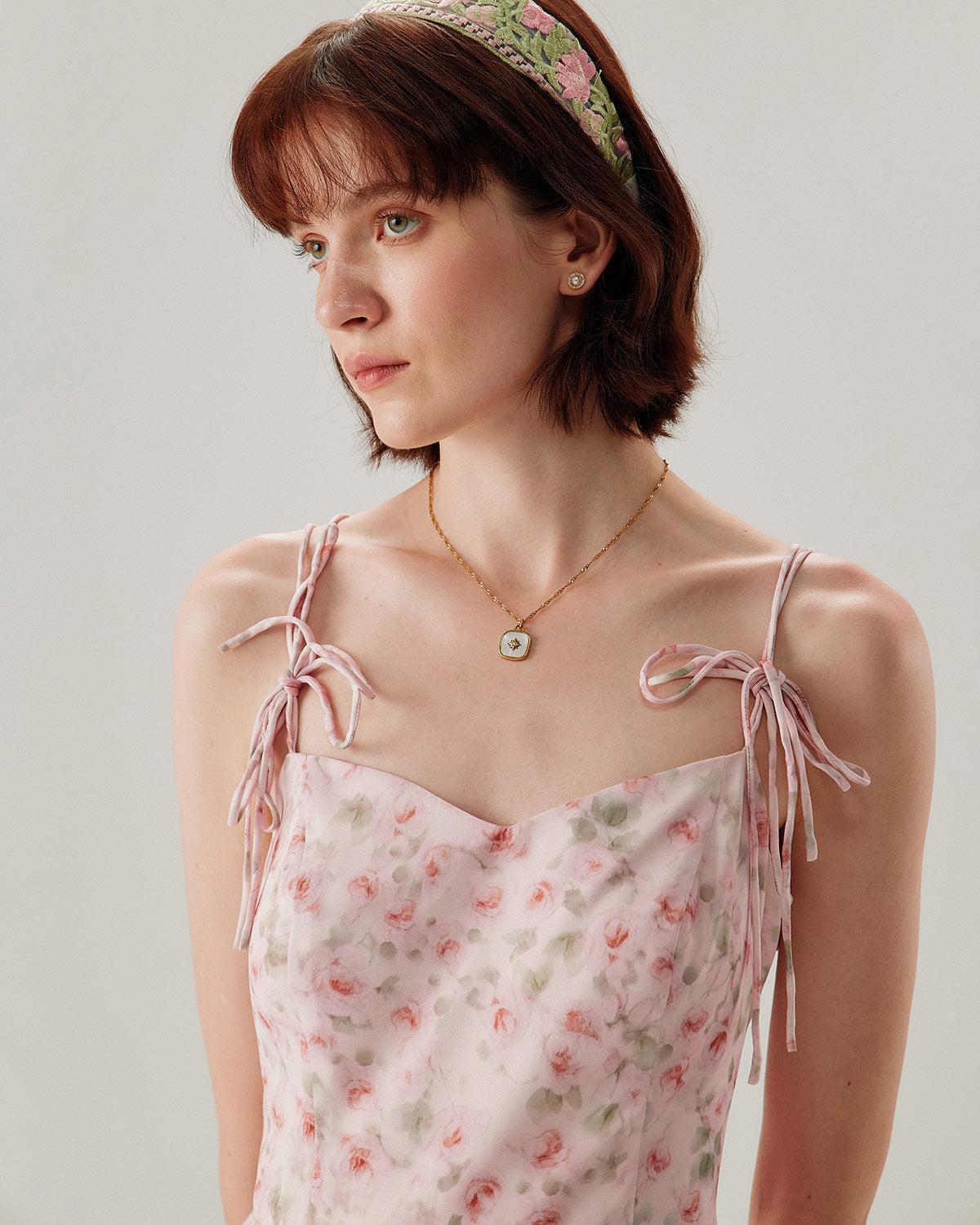 Pink Floral Shirred Slip Midi Dress Product Image