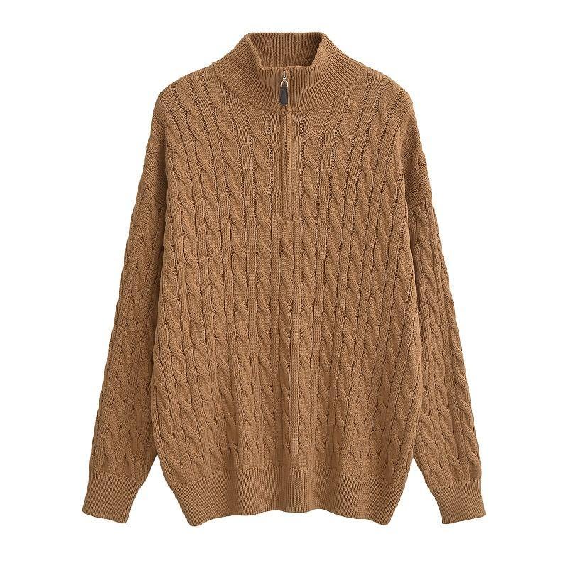 Mock Neck Half-Zip Cable Knit Sweater Product Image