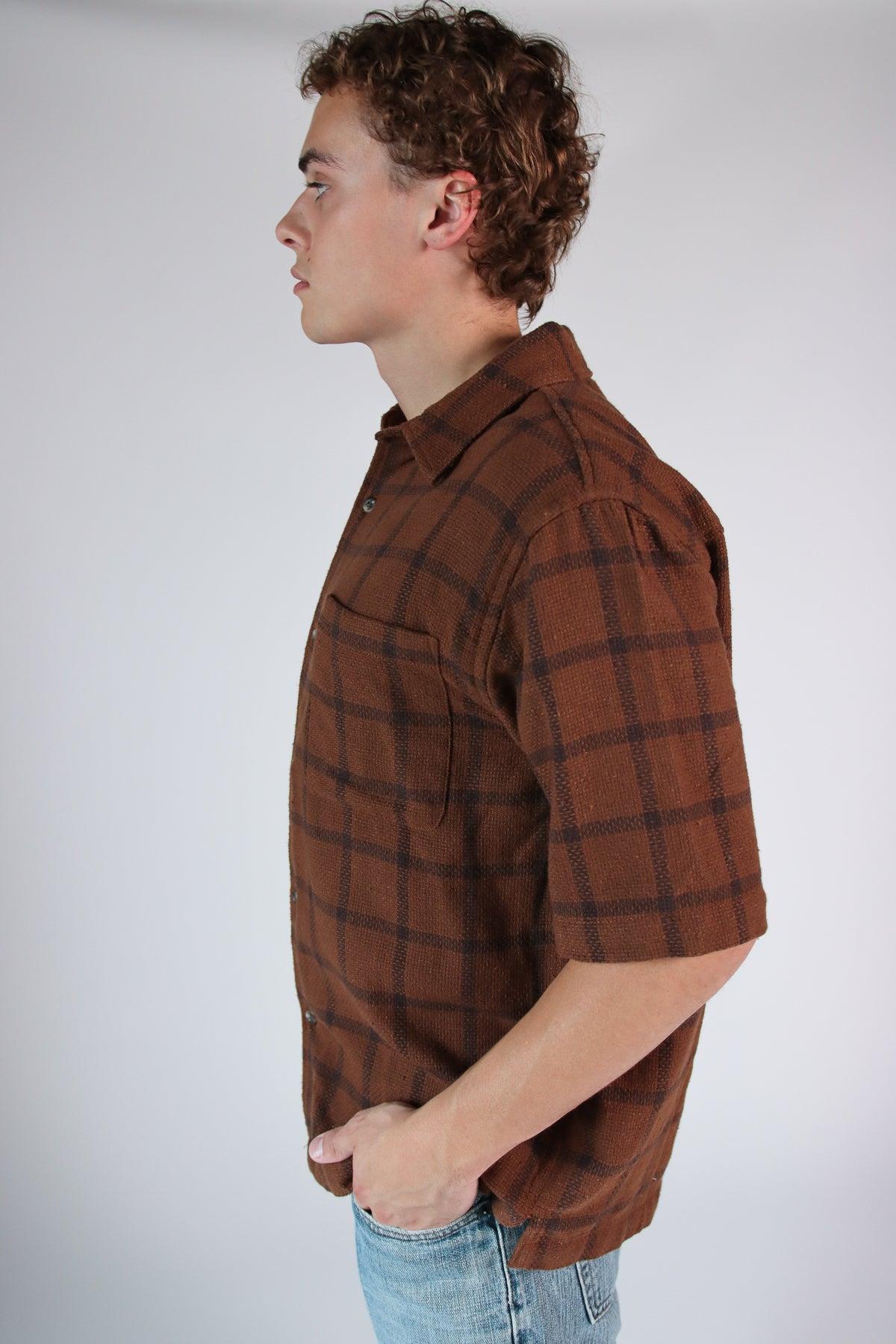 Brown Check Woven Knit Button Up Shirt Product Image