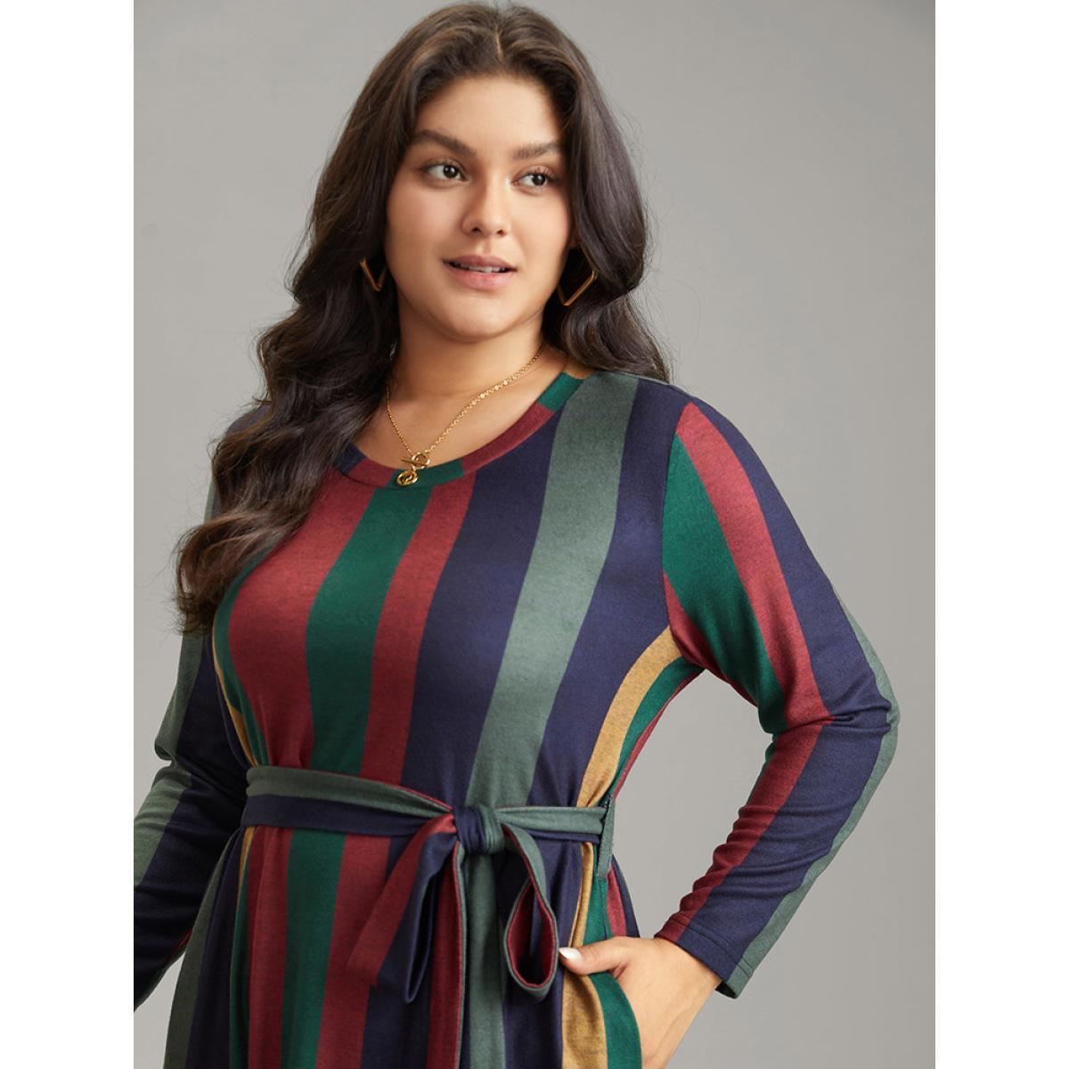 Plus Size Colored Striped Pocket Belted Long Sleeve Dress Multicolor Women Casual Belted Round Neck Long Sleeve Curvy Midi Dress BloomChic 26/4X Product Image