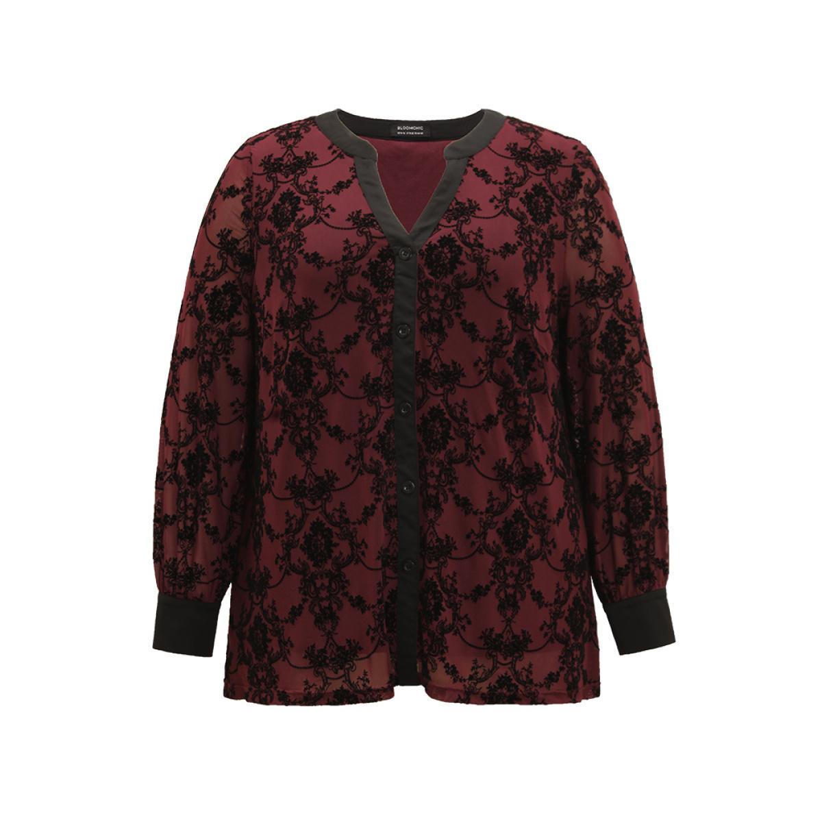 Plus Size DarkGreen Floral Print Mesh V Neck Blouse Women Elegant Long Sleeve V-neck Dailywear Blouses BloomChic 18-20/2X Product Image
