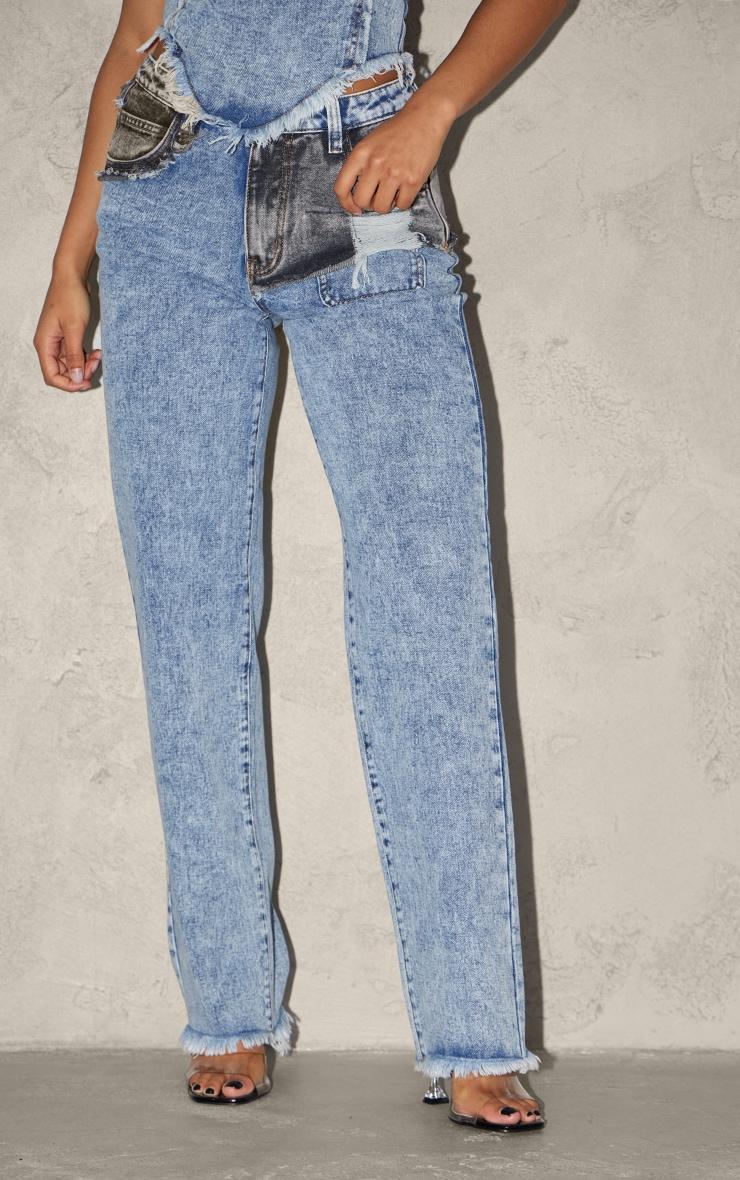 Mid Blue Acid Wash Layered Raw Hem Straight Leg Jeans Product Image