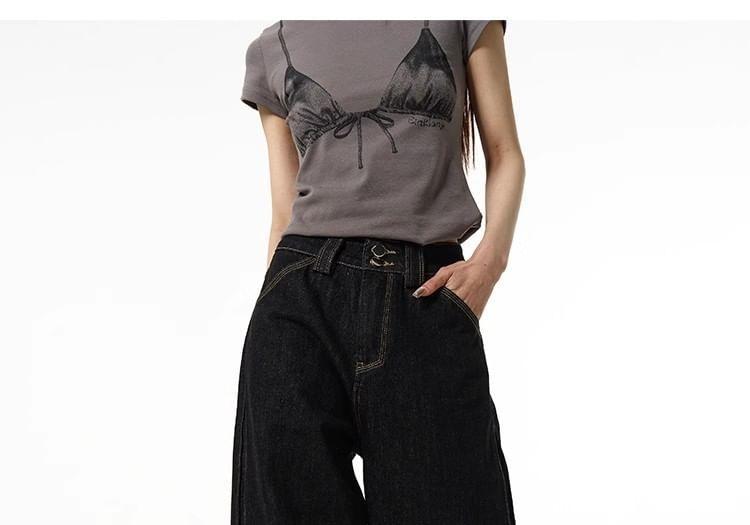 High Rise Buttoned Hem Wide Leg Jeans Product Image