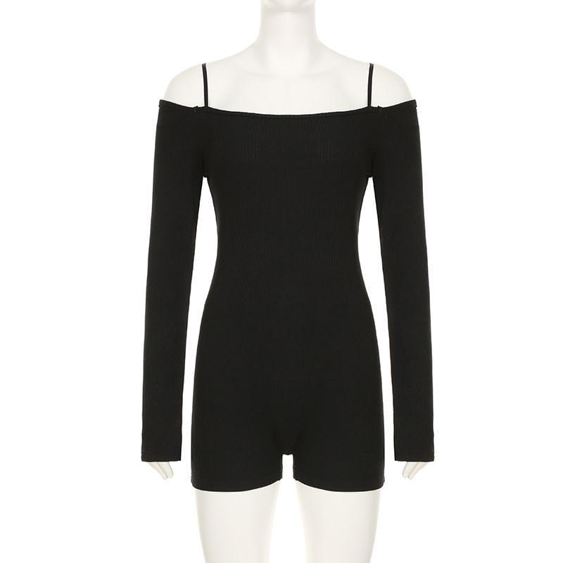 Long-Sleeve Cold Shoulder Plain Romper Product Image