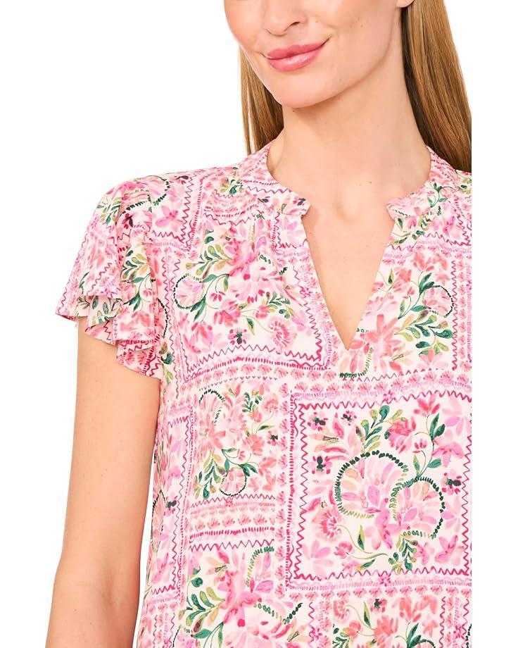 V-neck Shirred Neck Flutter Sleeve Blouse Product Image