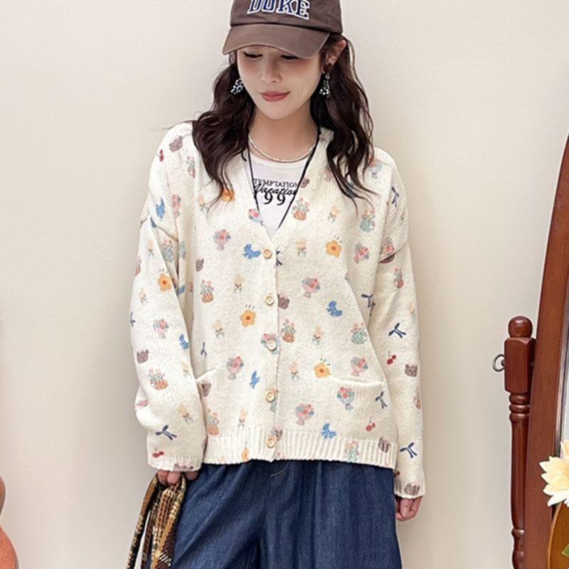 V-Neck Floral Print Button-Up Cardigan Product Image