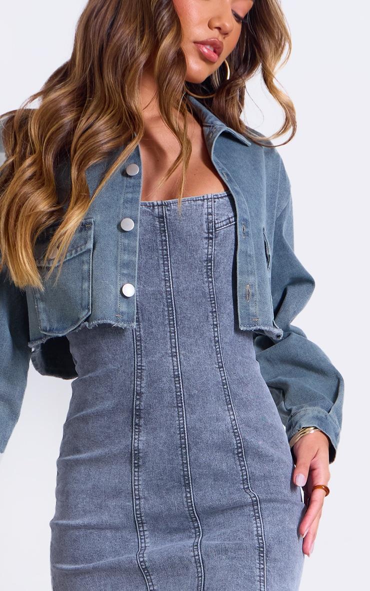 Vintage Wash Raw Edge Cropped Denim Jacket Product Image