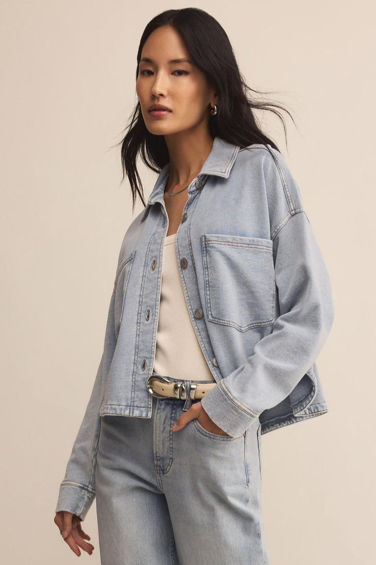 All Day Cropped Knit Denim Jacket Product Image