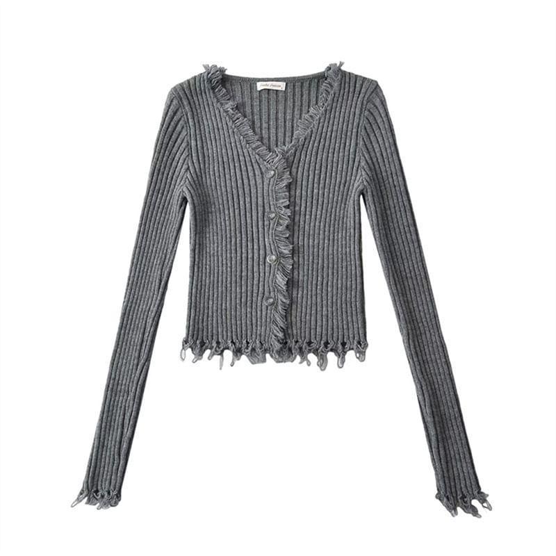 V-Neck Plain Distressed Ribbed Cardigan Product Image