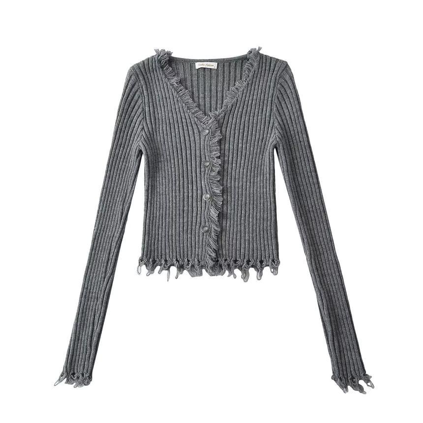 Long Sleeve V-Neck Plain Ribbed-Knit Tassel Slim-Fit Cardigan Product Image