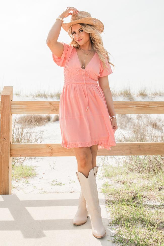 Urban Cowgirl Coral V-Neck Smocked Dress FINAL SALE Product Image