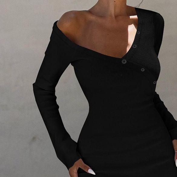 Long-Sleeve Off-Shoulder Plain Button Accent Slit Maxi Bodycon Dress Product Image