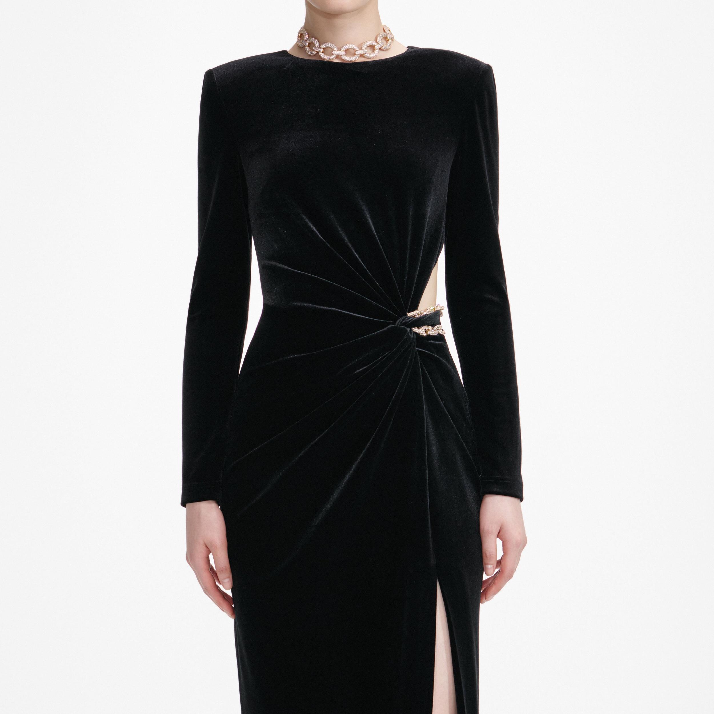 Black Velvet Embellished Midi Dress Product Image