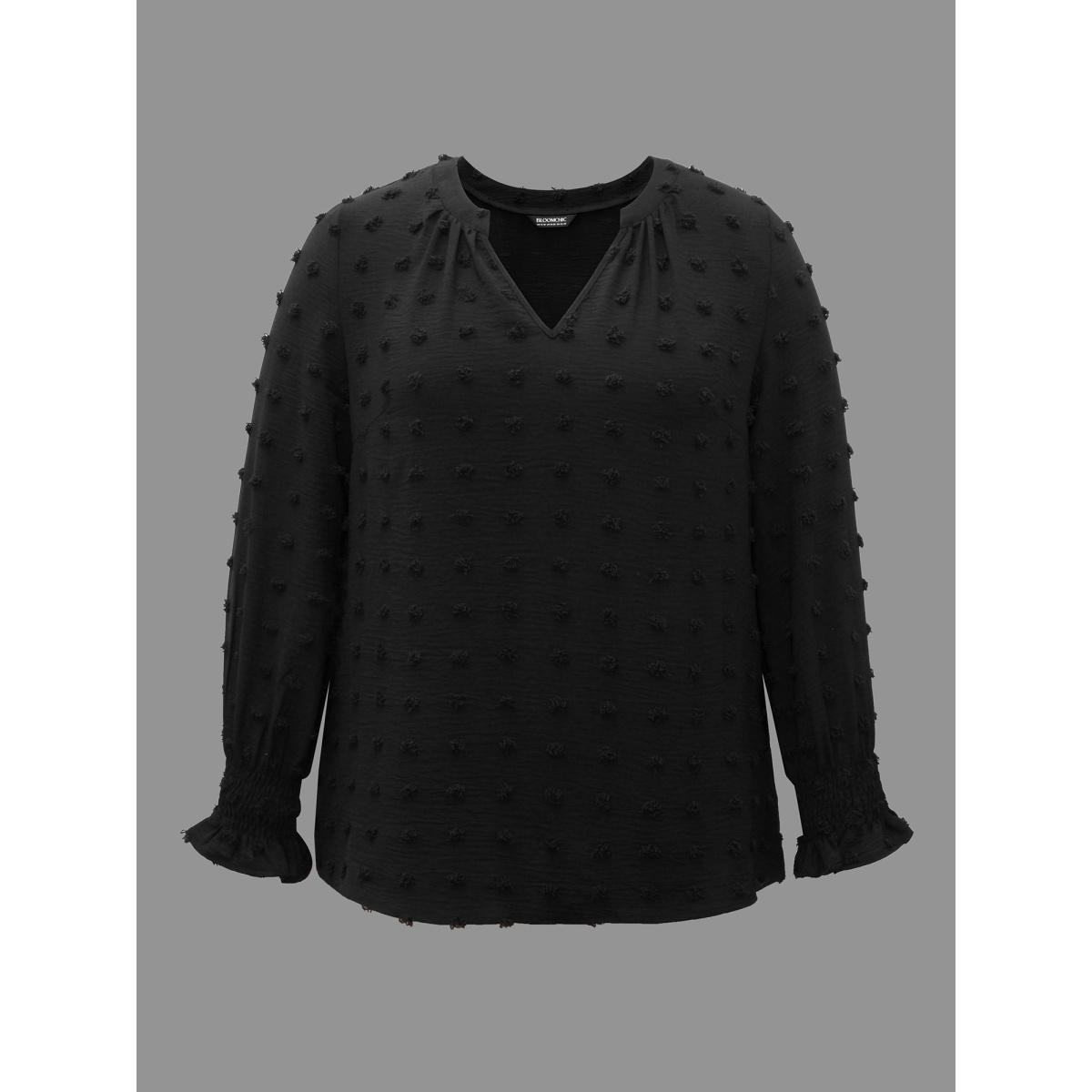 Plus Size Black Plain Textured Shirred Gathered Blouse Women Elegant Long Sleeve V-neck Everyday Blouses BloomChic 18-20/2X Product Image