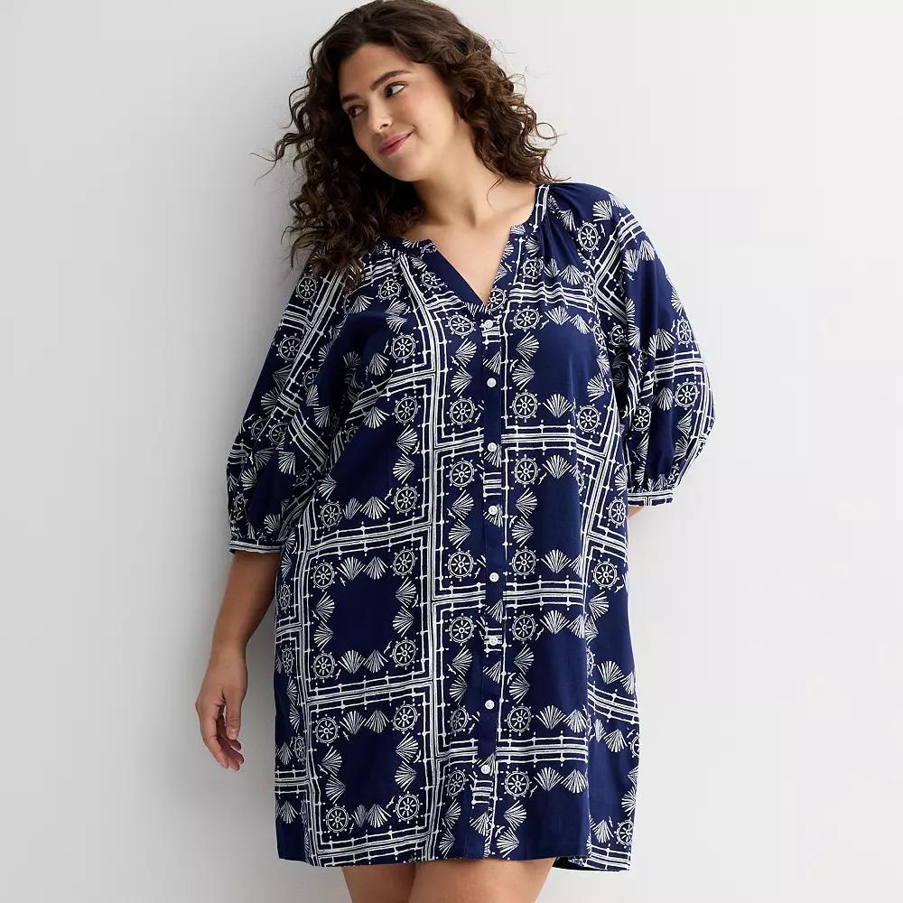 Plus Size Sonoma Goods For Life® Button Front Elbow Sleeve Shift Dress, Women's, Size: 0X, Blue Nautical Print Product Image