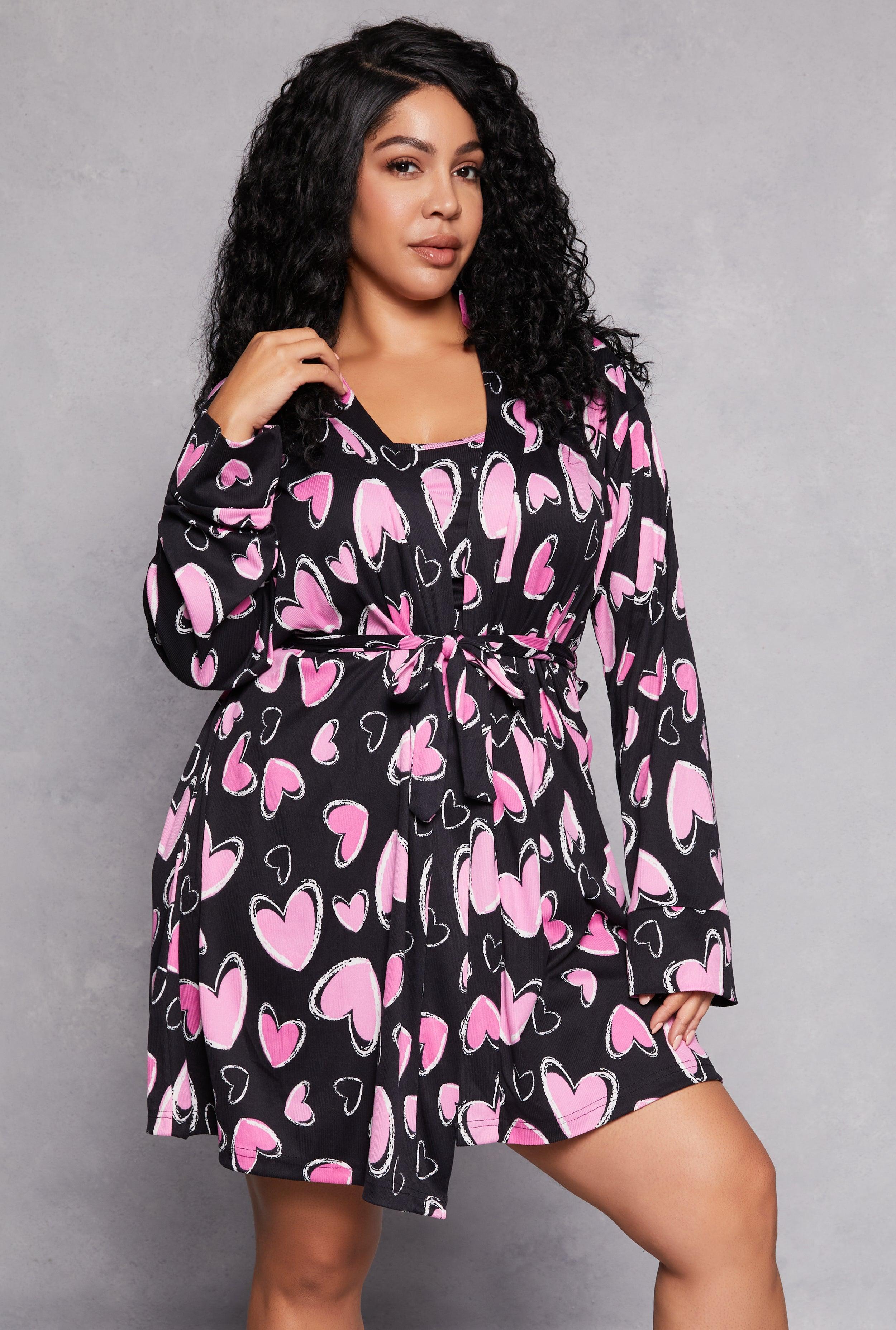 Womens Plus Size Heart Print Cami Nightgown with Robe Product Image