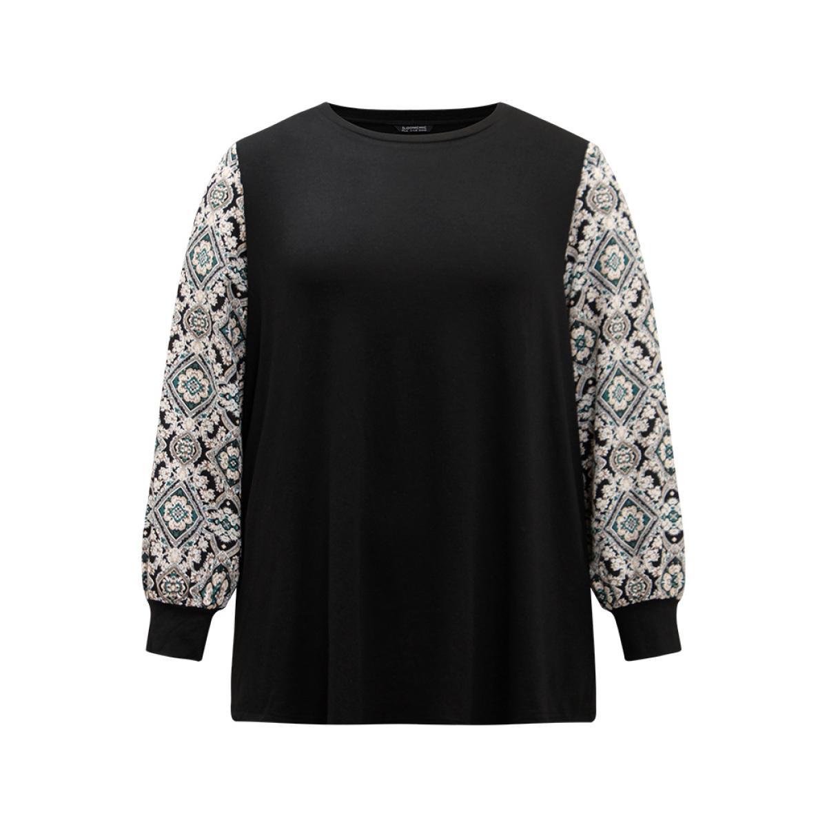 Plus Size Boho Print Patchwork Crew Neck T-shirt Black Women Elegant Printed Bohemian Print Round Neck Dailywear T-shirts BloomChic 28/5X Product Image