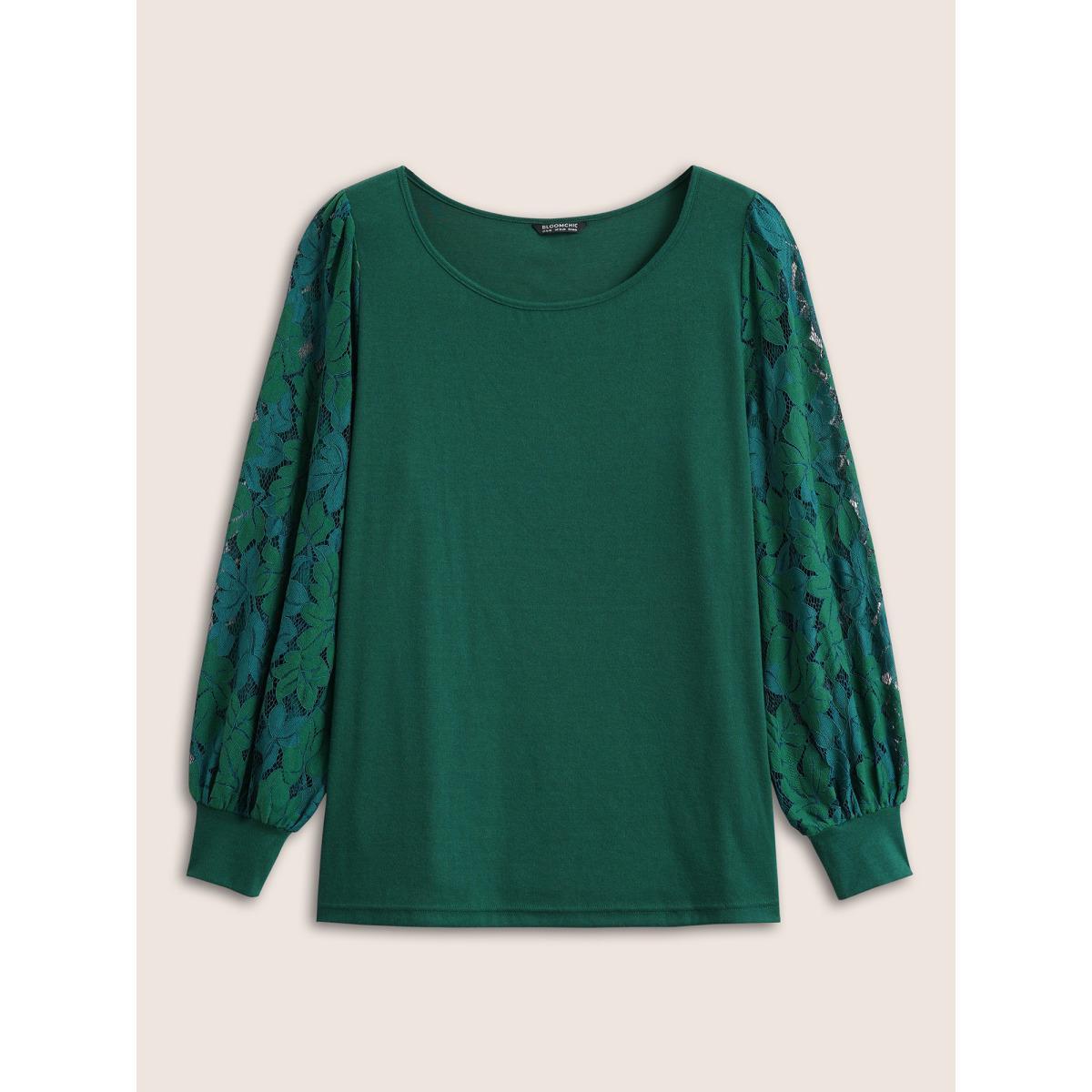 Plus Size Solid Plants Guipure Lace Gathered T-shirt DarkGreen Women Elegant Plain Plain Round Neck Dailywear T-shirts BloomChic 18-20/2X Product Image