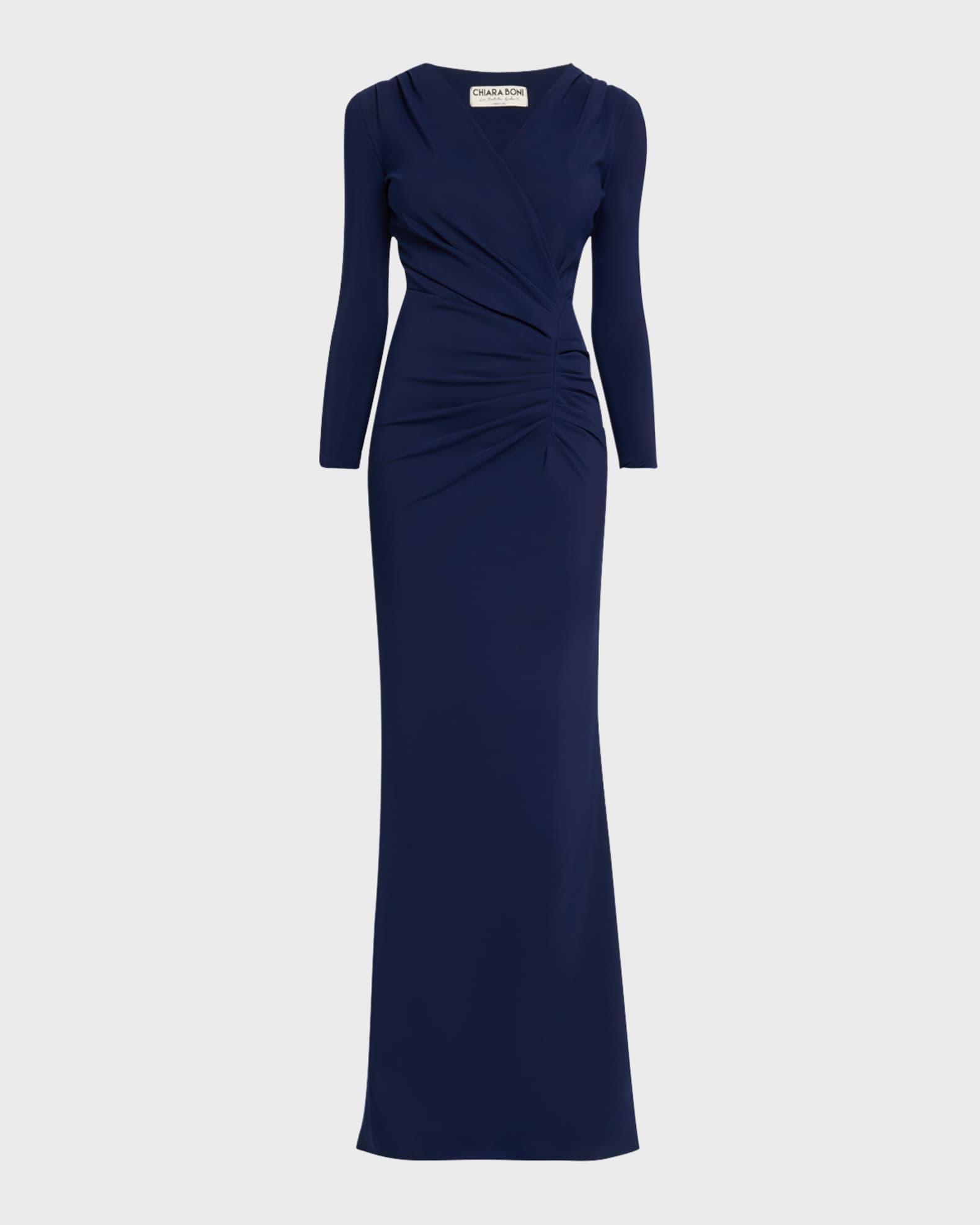 Ruched 3/4-Sleeve Column Gown Product Image