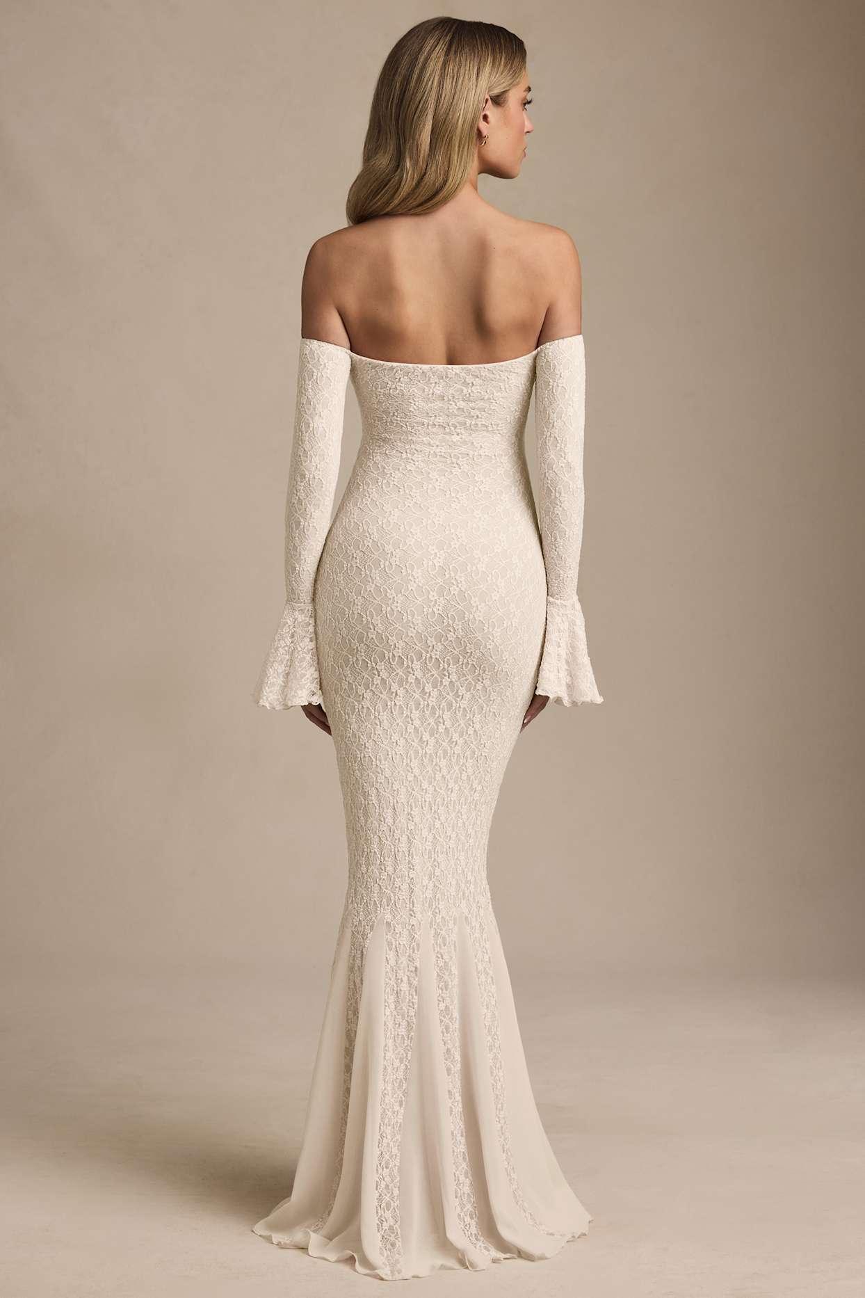 Off-Shoulder Ruffle Lace Maxi Dress in Ivory Product Image