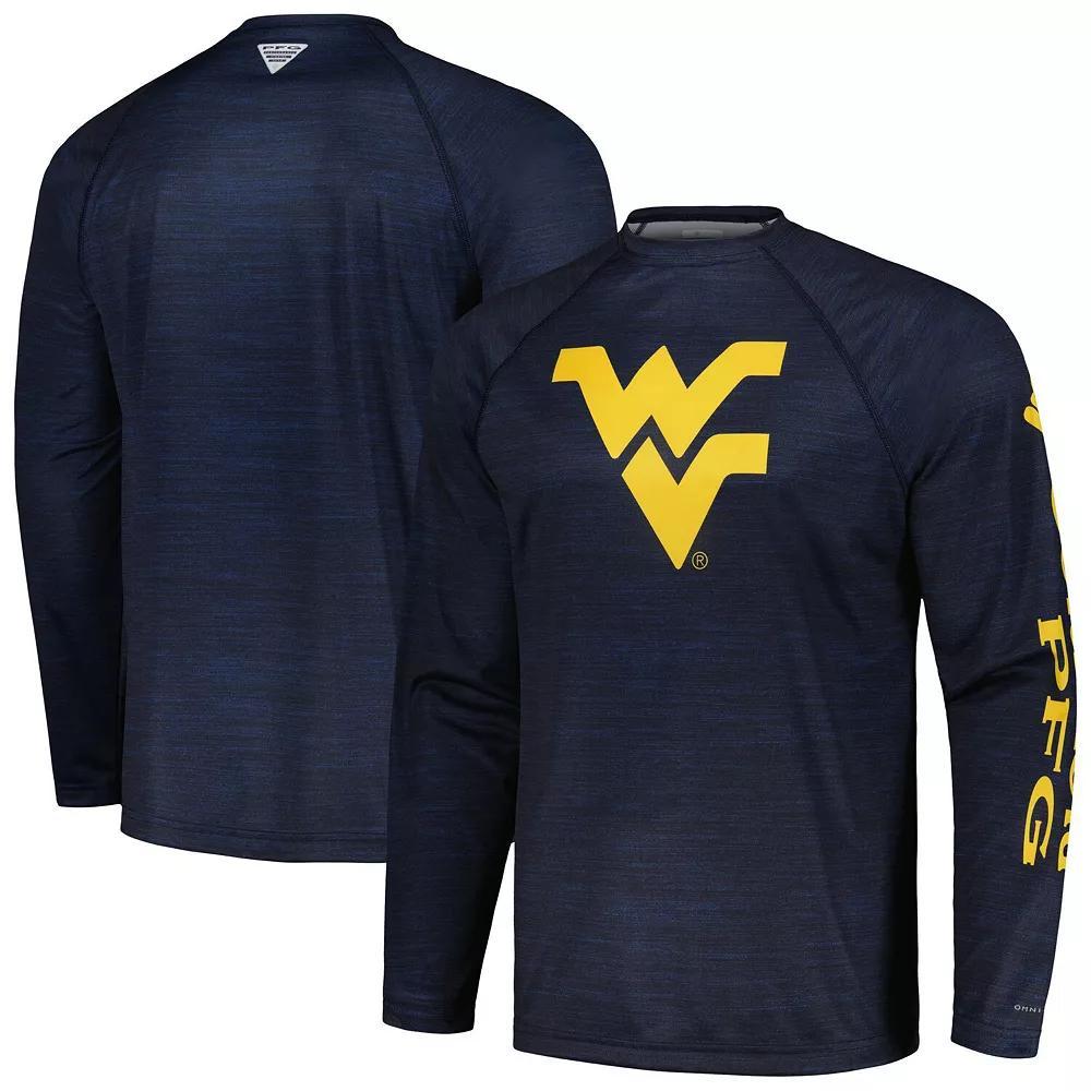 Men's Columbia Navy West Virginia Mountaineers PFG Terminal Tackle Omni-Shade Raglan Long Sleeve T-Shirt,  Product Image