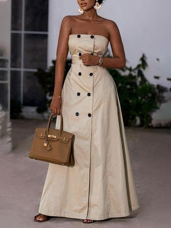 A-Line Loose Belted Buttoned Pockets Tube Maxi Dresses Product Image