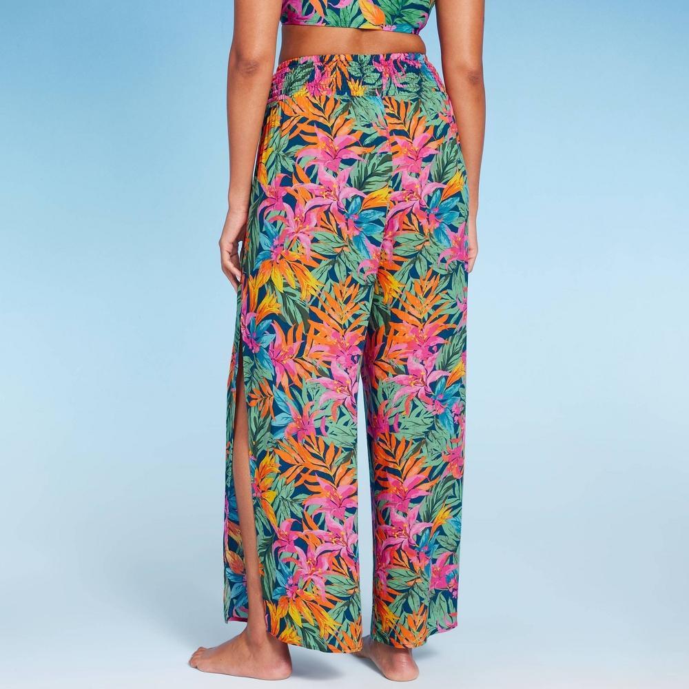 Womens Smocked Waist Side Slit Cover Up Pants - Shade & Shore Multi Tropical Floral Print 1X Product Image