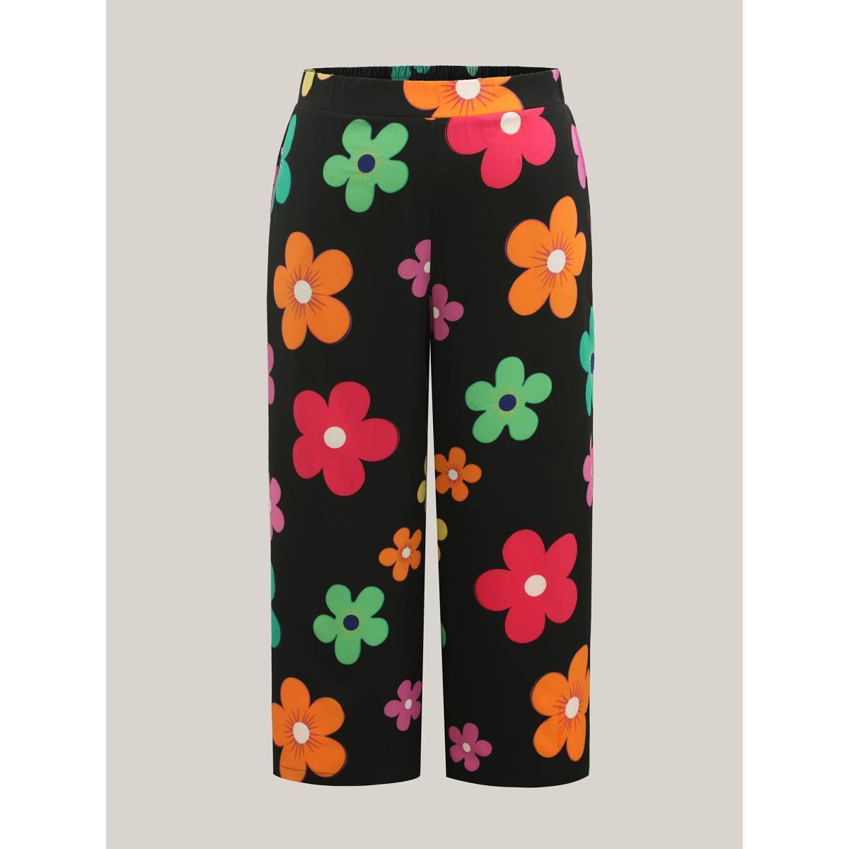 Plus Size Colorful Large Floral Print Wide-Leg Pants Women BlackFlower Playful Wide Leg Mid Rise Casual Pants BloomChic 10/M Product Image