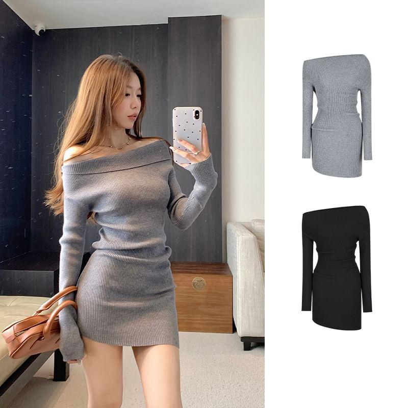 Long-Sleeve Off-Shoulder Plain Ribbed Mini Bodycon Knit Dress Product Image