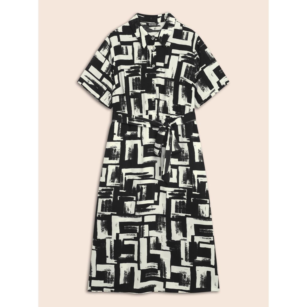 Plus Size Shirt Collar Colorblock Contrast Midi Dress Black Women At the Office Belted Shirt collar Short sleeve Curvy BloomChic 22-24/3X Product Image