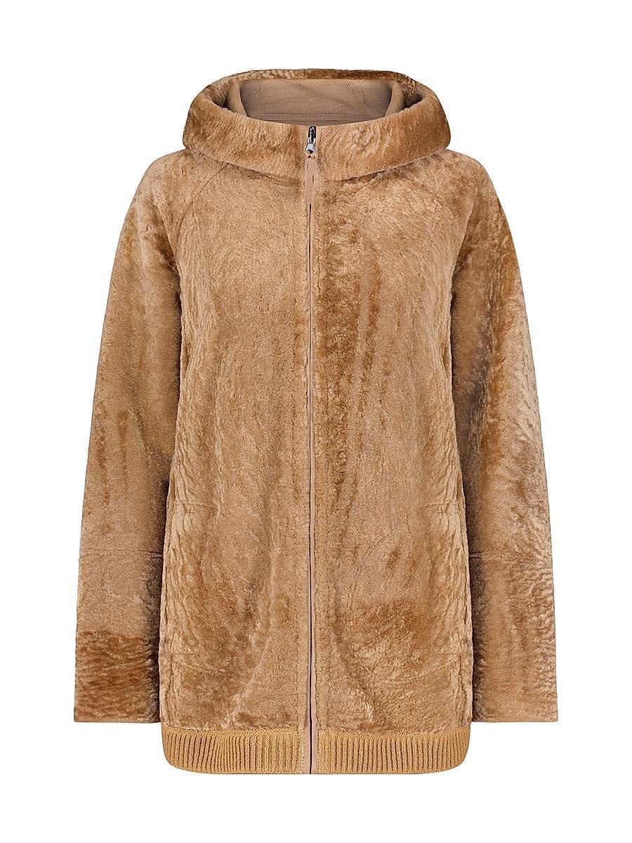 Womens Reversible Textured Shearling Lamb Zip Parka with Ribbed Hem Product Image