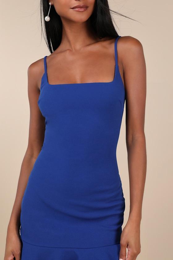 Compelling Composure Blue Sleeveless Ruffled Bodycon Mini Dress Product Image