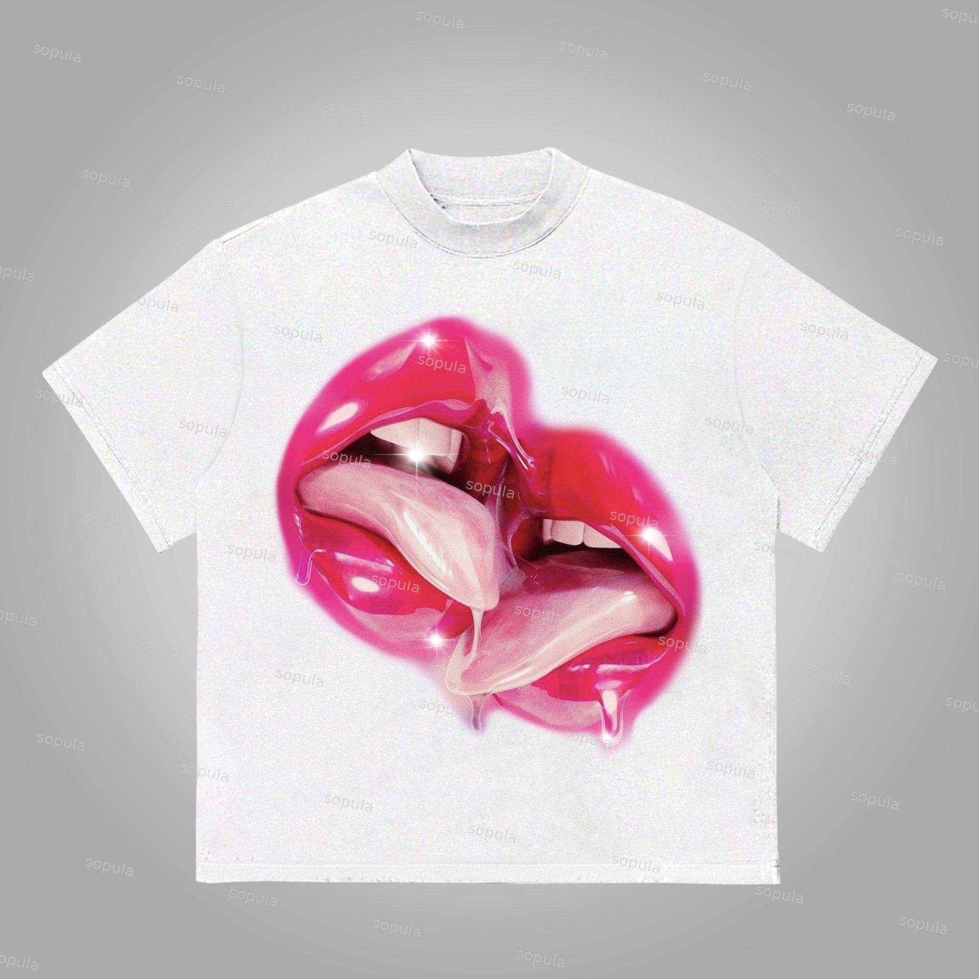 Sopula Flashing Red Lips And Tongue Graphics Slogan Cotton T-Shirt Product Image