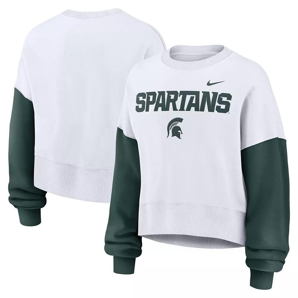 Women's Nike White Michigan State Spartans Color-Block Oversized Cropped Pullover Sweatshirt, Size: Small Product Image