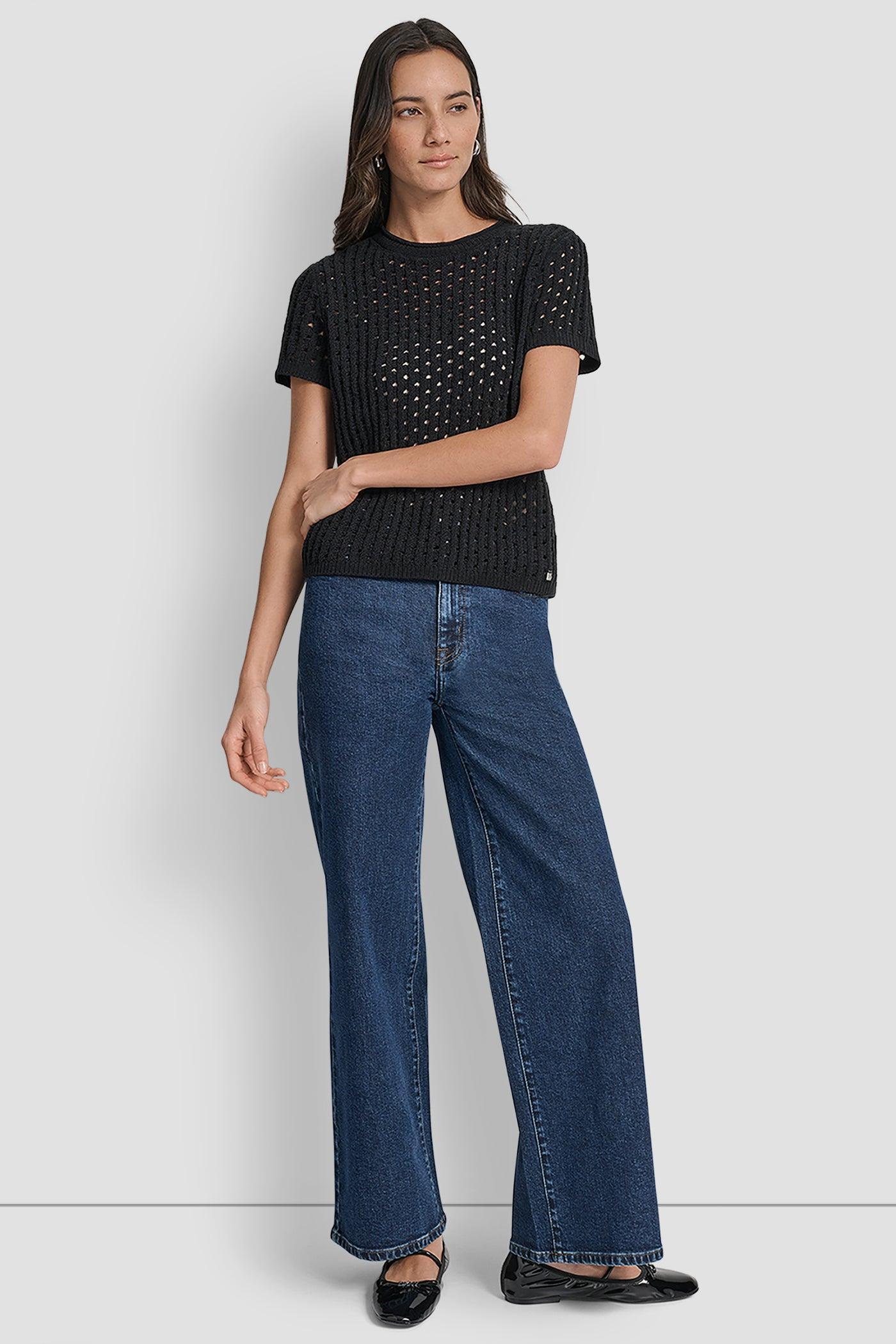 OPEN STITCH CREW NECK SHORT SLEEVE SWEATER Product Image